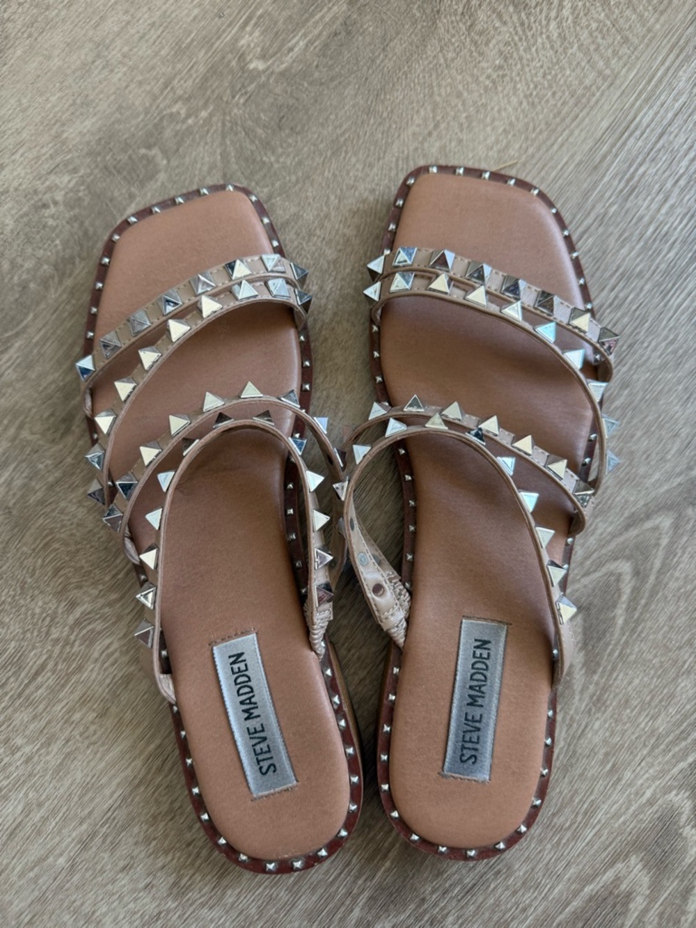 Steve Madden Tan Leather Studded Slide Sandals